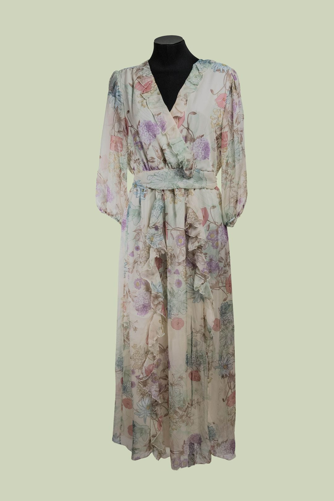 Abito Lungo in Chiffon Floreale con Rouches e Laccetto – Mimi-Muà