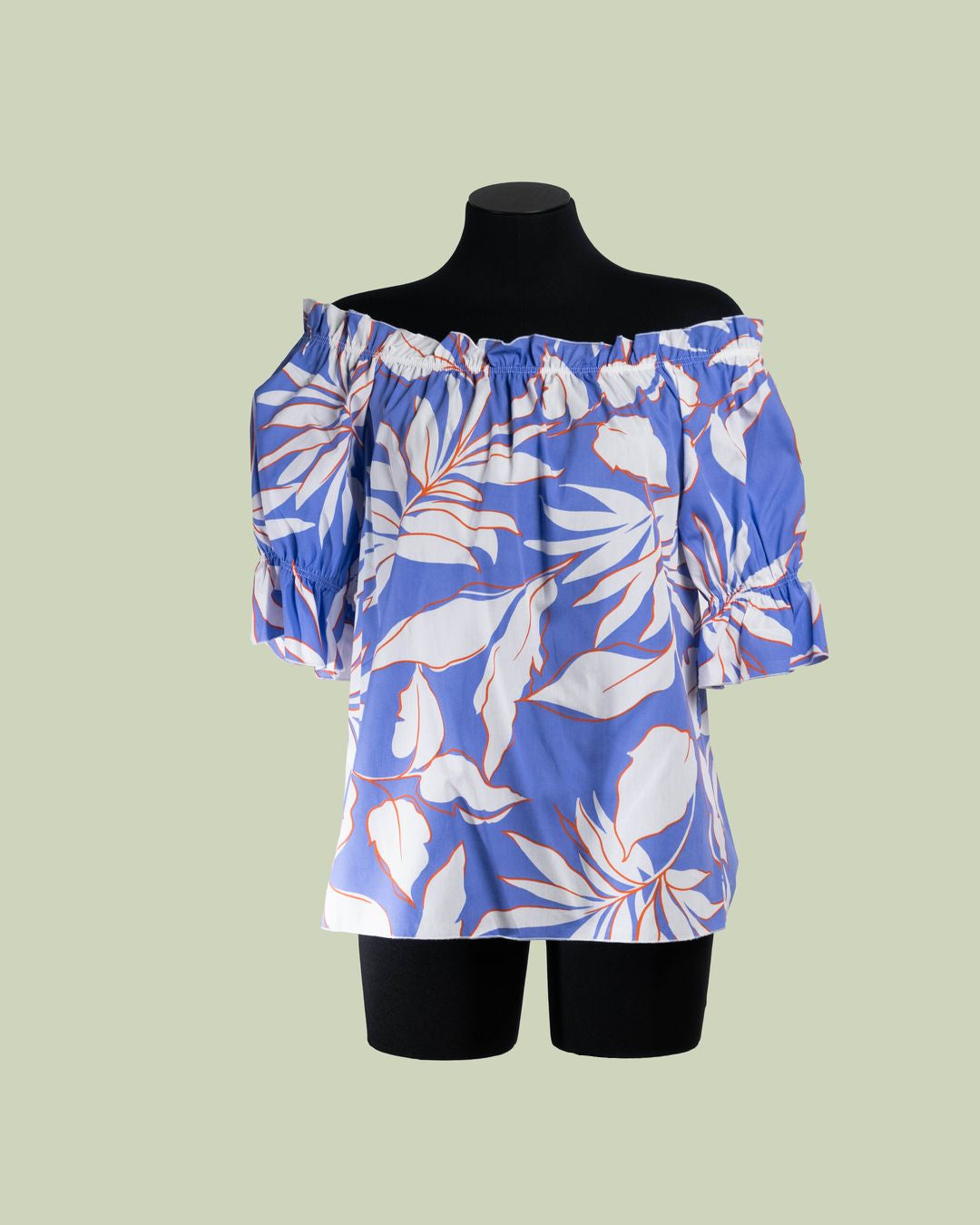Blusa Off-Shoulder con Stampa Tropicale e Maniche a Sbuffo – Talissa