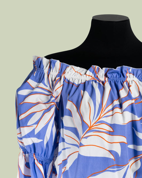Blusa Off-Shoulder con Stampa Tropicale e Maniche a Sbuffo – Talissa